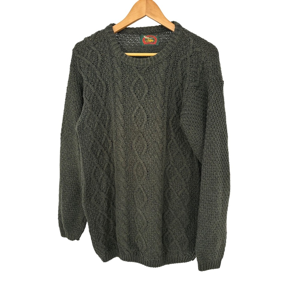 Vintage Alps Sweater Mens M Green Cable Knit Crewneck Made USA Fisherman Outdoor